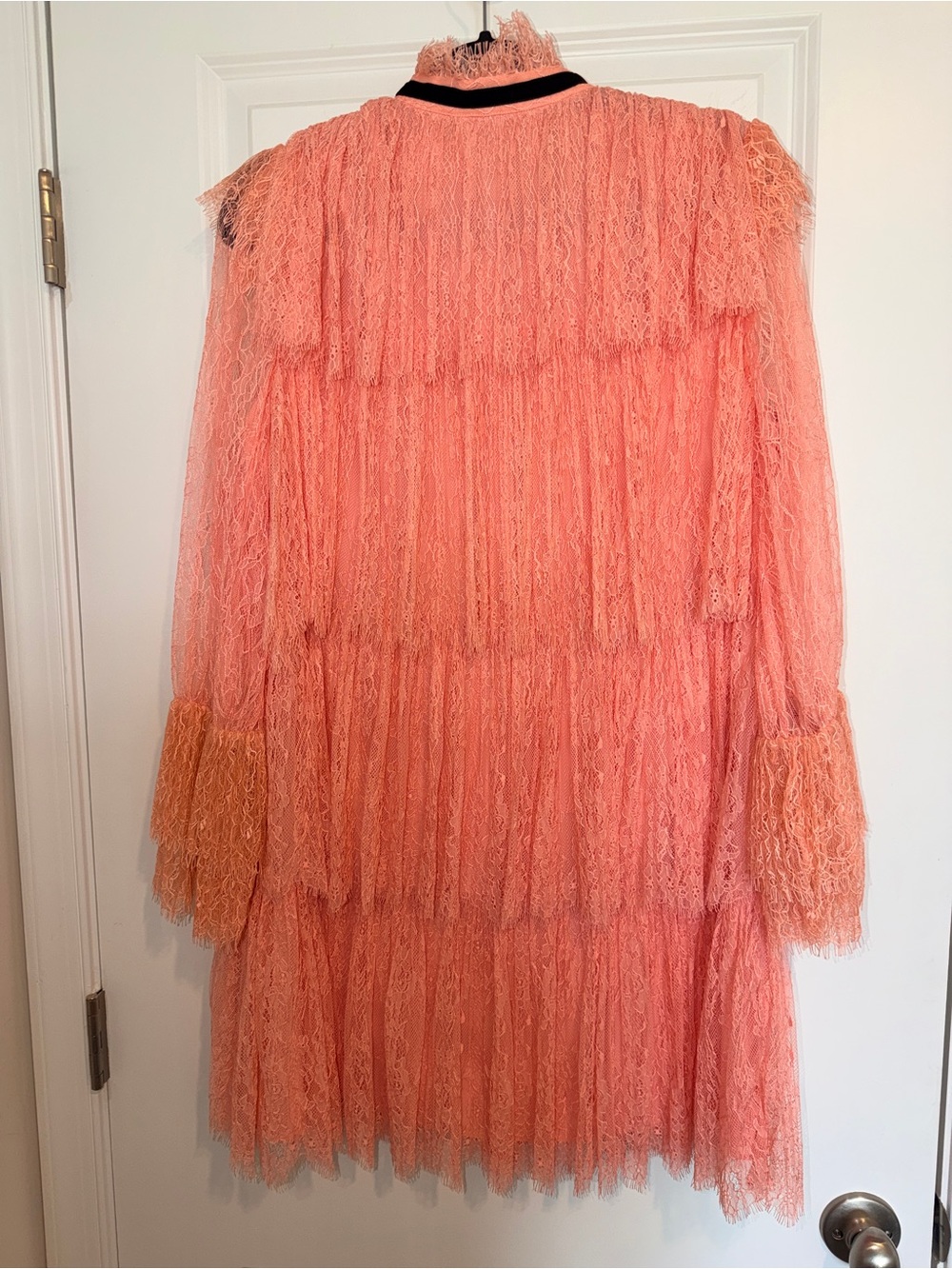 Alice + Olivia Sheer Tiered Lace Mini Dress in Blush Pink with Black Velvet Bow - Picture 8 of 13